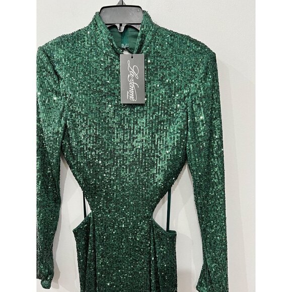 La Femme Size 10 Sequin Long Sleeve Back Cutout Gown Emerald Green *Thread Pull* - Picture 14 of 14